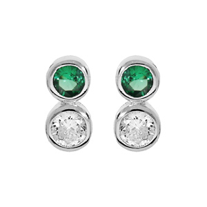 Boucles d’oreille en argent rhodié oxydes blanc et vert sertis clos et fermoir poussette