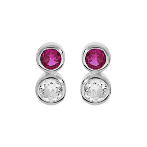 Boucles d’oreille en argent rhodié oxydes blanc et fuschia sertis clos et fermoir poussette