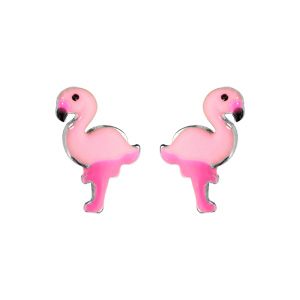Boucles d’oreille enfant en argent rhodié flamant rose et fermoir poussette