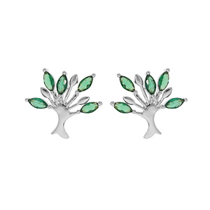 Boucles d’oreille en argent rhodié arbre de vie avec oxydes verts et fermoir poussette