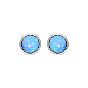 Boucles d’oreille en argent rhodié Opale de synthèse bleue ronde et fermoir poussette