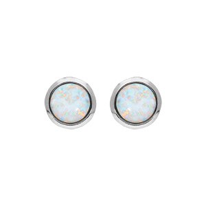 Boucles d’oreille en argent rhodié opale de synthèse blanche ronde et fermoir poussette
