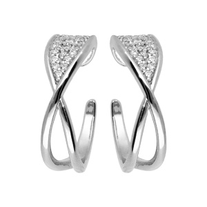 Créoles en argent rhodié fantaisies croisée avec oxydes blancs sertis et fermoir poussette