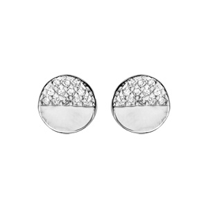 Boucles d'oreille en argent rhodié pastille oxydes blancs demi face et fermoir poussette