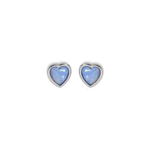 Boucles d'oreille en argent rhodié coeur avec Opale bleue de synthèse et fermoir poussette