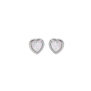 Boucles d’oreille en argent rhodié coeur avec Opale blanche de synthèse et fermoir poussette