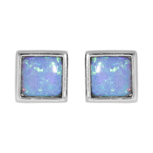 Boucles d'oreille en argent rhodié carré avec Opale bleue de synthèse et fermoir poussette