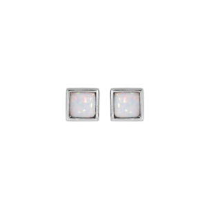 Boucles d’oreille en argent rhodié carré avec Opale blanche de synthèse et fermoir poussette