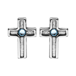 Boucles d’oreille en argent rhodié Croix avec cristal de Swarovski bleu ciel et fermoir poussette