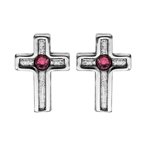 Boucles d’oreille en argent rhodié Croix avec cristal de Swarovski violet et fermoir poussette