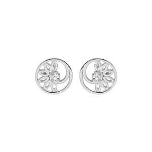 Boucles d'oreille en argent rhodié cercle motif fleur et oxyde blanc et fermoir poussette