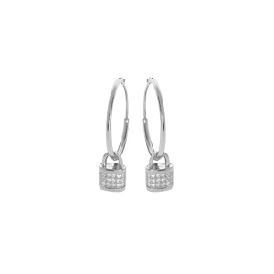 Créoles en argent rhodié avec pampille cadenas et oxydes blancs