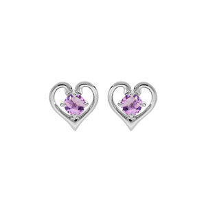 Boucles d'oreille en argent rhodié coeur avec Amethyste véritable serti et fermoir poussette
