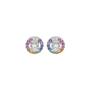 Boucles d'oreille en argent rhodié rond orné d'oxydes multi couleurs et fermoir poussette