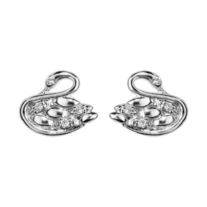 Boucles d’oreille en argent rhodié avec cygne orné d’oxydes blancs sertis et fermoir poussette