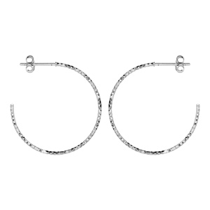 Créoles en argent rhodié tube diamanté 30 mm et fermoir poussette