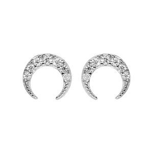 Boucles d'oreille en argent rhodié croissant de lune avec oxydes blancs sertis et fermoir poussette