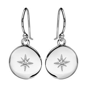 Boucles d’oreille pendantes en argent rhodié pastille avec étoile oxyde blanc sertis et fermoir crochet