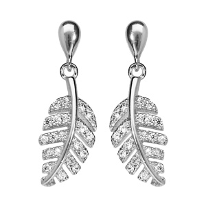 Boucles d'oreille pendantes en argent rhodié feuillage orné d'oxydes blancs sertis et fermoir ppouss