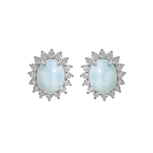 Boucles d’oreille en argent rhodié grosse pierre Larimar bleu véritable contour d’oxydes blancs sertis et fermoir poussette