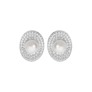 Boucles d’oreille en argent rhodié ovale pavé d’oxydes blancs sertis et Perle de culture d’eau douce blanche 6mm et fermoir poussette