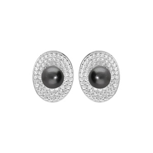 Boucles d'oreille en argent rhodié ovale pavé d'oxydes blancs sertis et Perle noire de Tahiti vérita