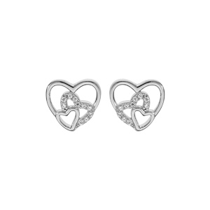 Boucles d'oreille en argent rhodié coeurs évidés avec oxydes blancs sertis et fermoir poussette
