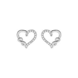 Boucles d’oreille en argent rhodié coeur et infini avec oxydes blancs sertis et fermoir poussette