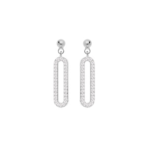 Boucles d’oreille en argent rhodié maillon rectanglaire suspendu avec oxydes blancs sertis et fermoir poussette