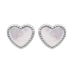 Boucles d'oreille en argent rhodié et nacre blanche forme coeur et fermoir poussette