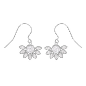 Boucles d’oreille en argent rhodié demi fleur suspendue avec oxydes blancs sertis et fermoir crochet