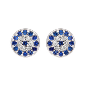 Boucles d’oreille en argent rhodié collection joaillerie pastille empierrée bleus et blancs et fermoir poussette