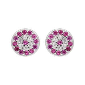 Boucles d’oreille en argent rhodié collection joaillerie pastille empierrée rose et blanc et fermoir poussette