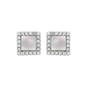 Boucles d'oreille en argent rhodié et nacre blanche carré avec contour oxydes blancs sertis et fermo