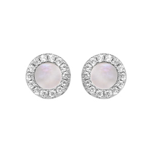 Boucles d’oreille en argent rhodié et nacre blanche ronde avec contour oxydes blancs sertis et fermoir poussette