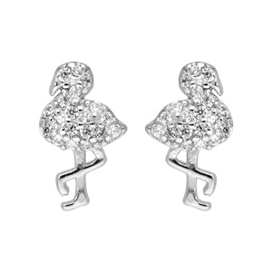 Boucles d’oreille en argent rhodié flamant rose oxydes blancs sertis et fermoir poussette