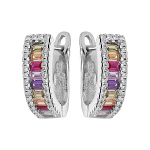 Créoles en argent rhodié larges articulées empierrées multi couleurs contour oxydes blancs sertis