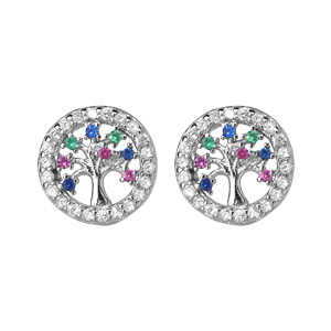 Boucles d’oreille en argent rhodié ronde arbre de vie multi couleurs contours oxydes blancs sertis et fermoir poussette