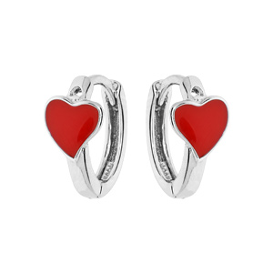 Créole en argent rhodié avec motif coeur rouge