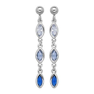 Boucles d'oreille pendantes en argent rhodié 3 oxydes sertis degrade de bleu et blanc et fermoir pou