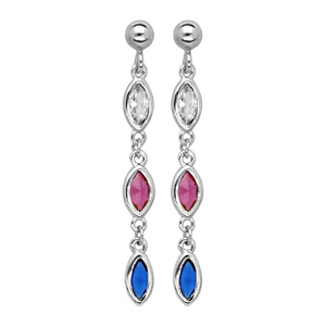 Boucles d’oreille pendantes en argent rhodié 3 oxydes bleu rose blanc et fermoir poussette