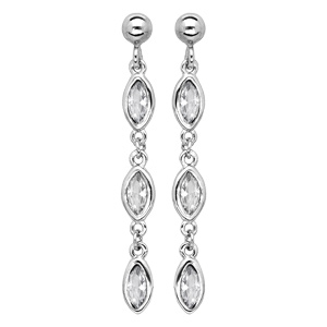 Boucles d'oreille pendantes en argent rhodié 3 oxydes blancs ronds cerclés et fermoir poussette