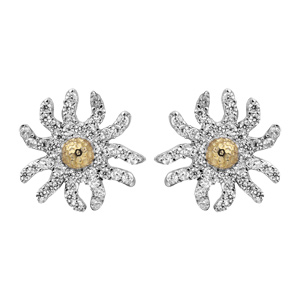 Boucles d'oreille en argent rhodié fleur de soleil oxydes blancs et fermoir poussette