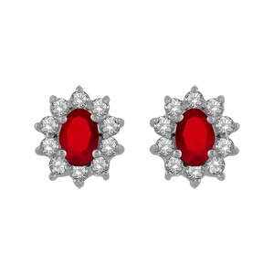 Boucles d’oreilles en argent rhodié collection joaillerie oxyde rouge au centre et petits oxydes blancs autour et fermoir poussette
