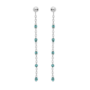 Boucles d’oreille en argent rhodié chaînette avec olives couleur bleu transparent et fermoir poussette
