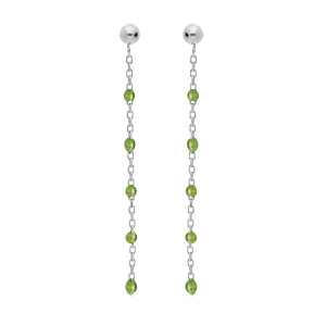 Boucles d’oreille en argent rhodié chaînette avec olives couleur vert transparent et fermoir poussette