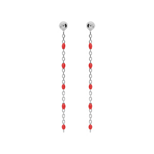 Boucles d'oreille en argent rhodié chaînette avec perles rouges et fermoir poussette