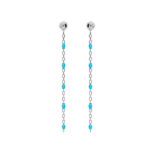 Boucles d’oreille en argent rhodié chaînette avec perles couleur turquoise et fermoir poussette