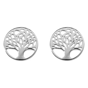 Boucles d’oreille en argent rhodié pastille ronde motif arbre de vie et fermoir poussette
