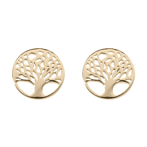 Boucles d’oreille en argent et dorure jaune pastille ronde motif arbre de vie et fermoir poussette